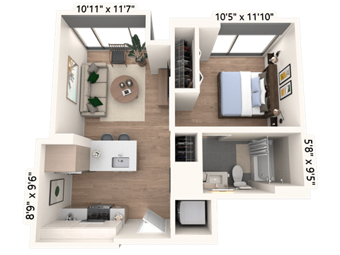 Floor plan for 1 bed, 1 bath, 505 sqft